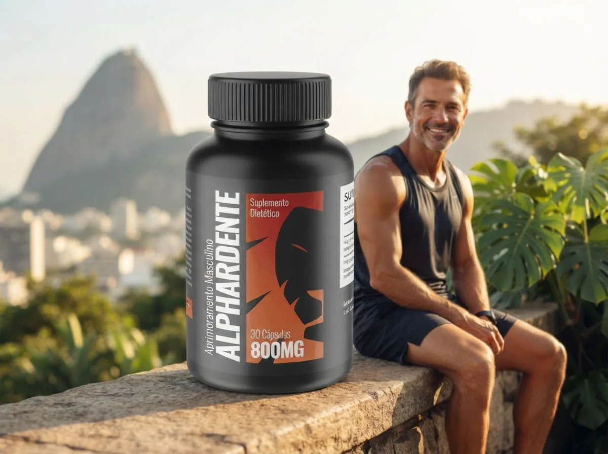 Homem em forma no Rio de Janeiro com o frasco de Alphardente Cápsulas