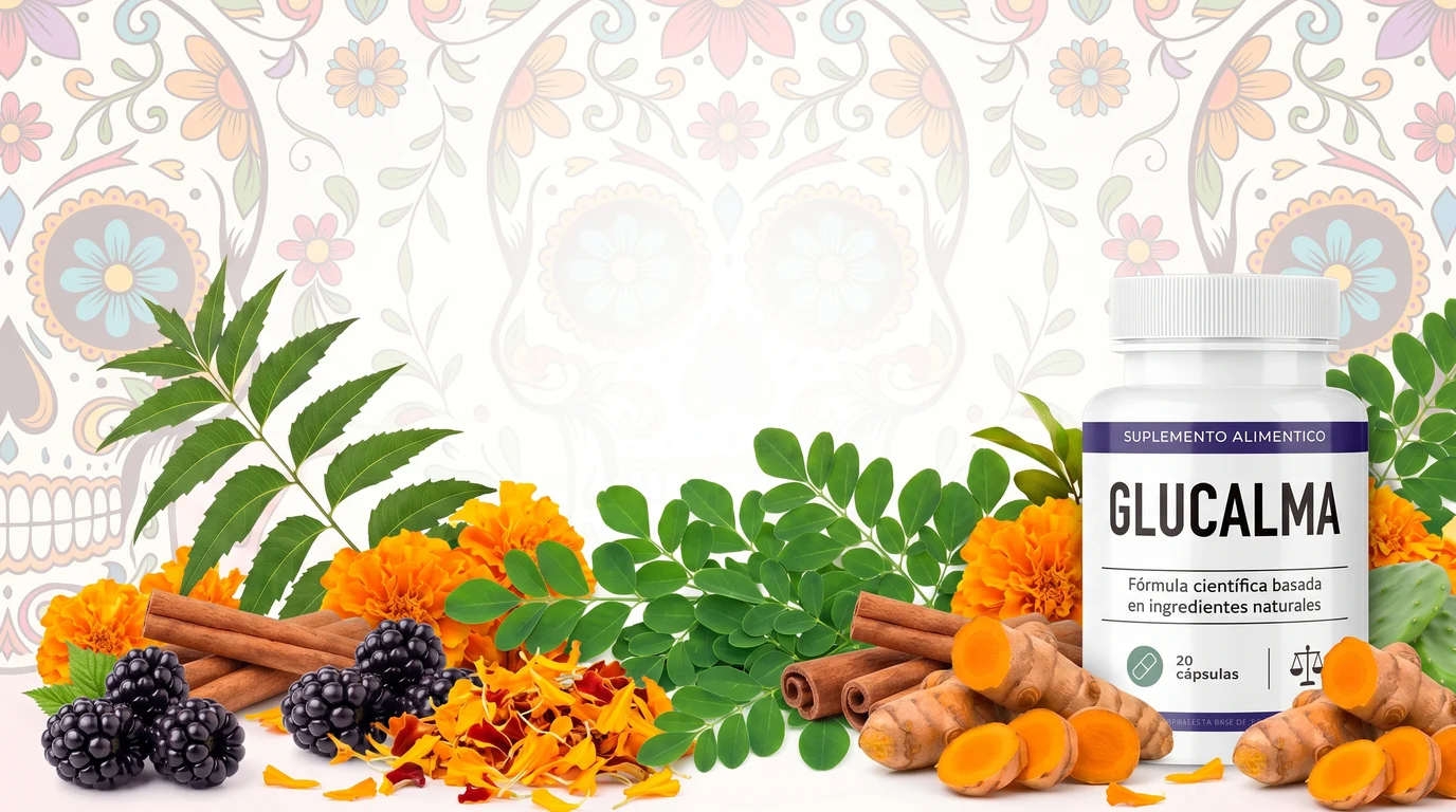 Frasco de Glucalma entre hojas de neem y moringa, canela en rama, zarzamora y cúrcuma