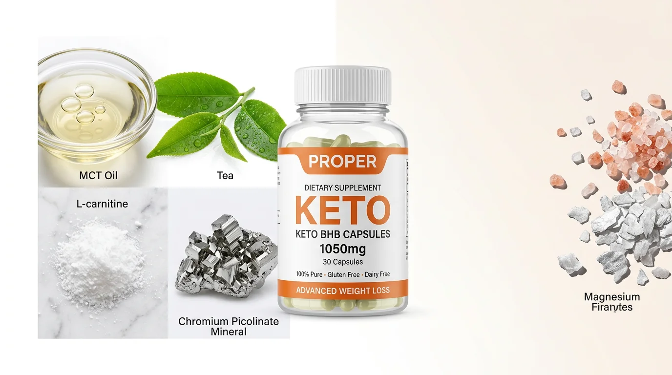 Frasco de Proper Keto Capsules rodeado de los ingredientes de su fórmula