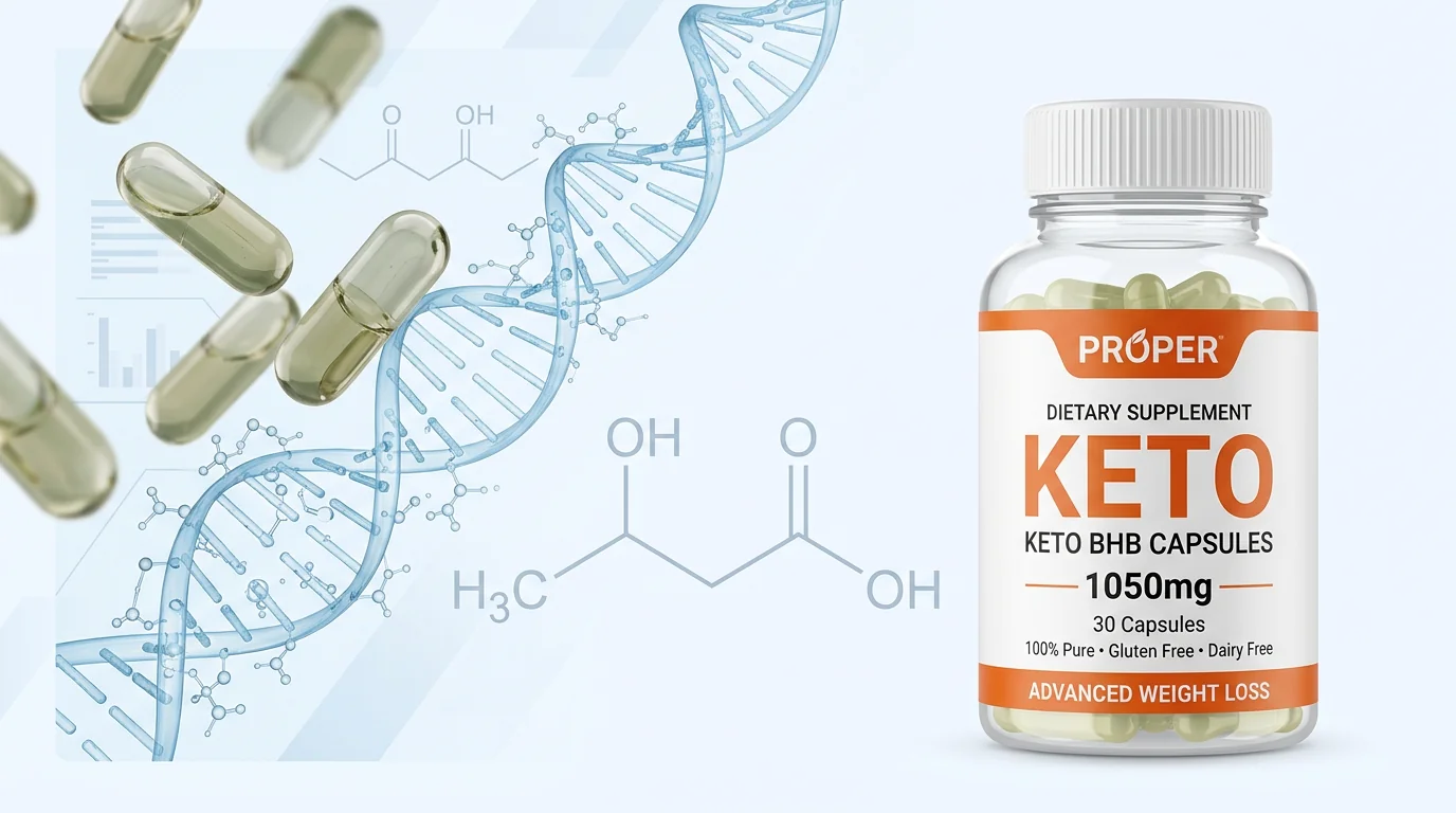 Cápsulas de Proper Keto junto a una representación de las cetonas BHB
