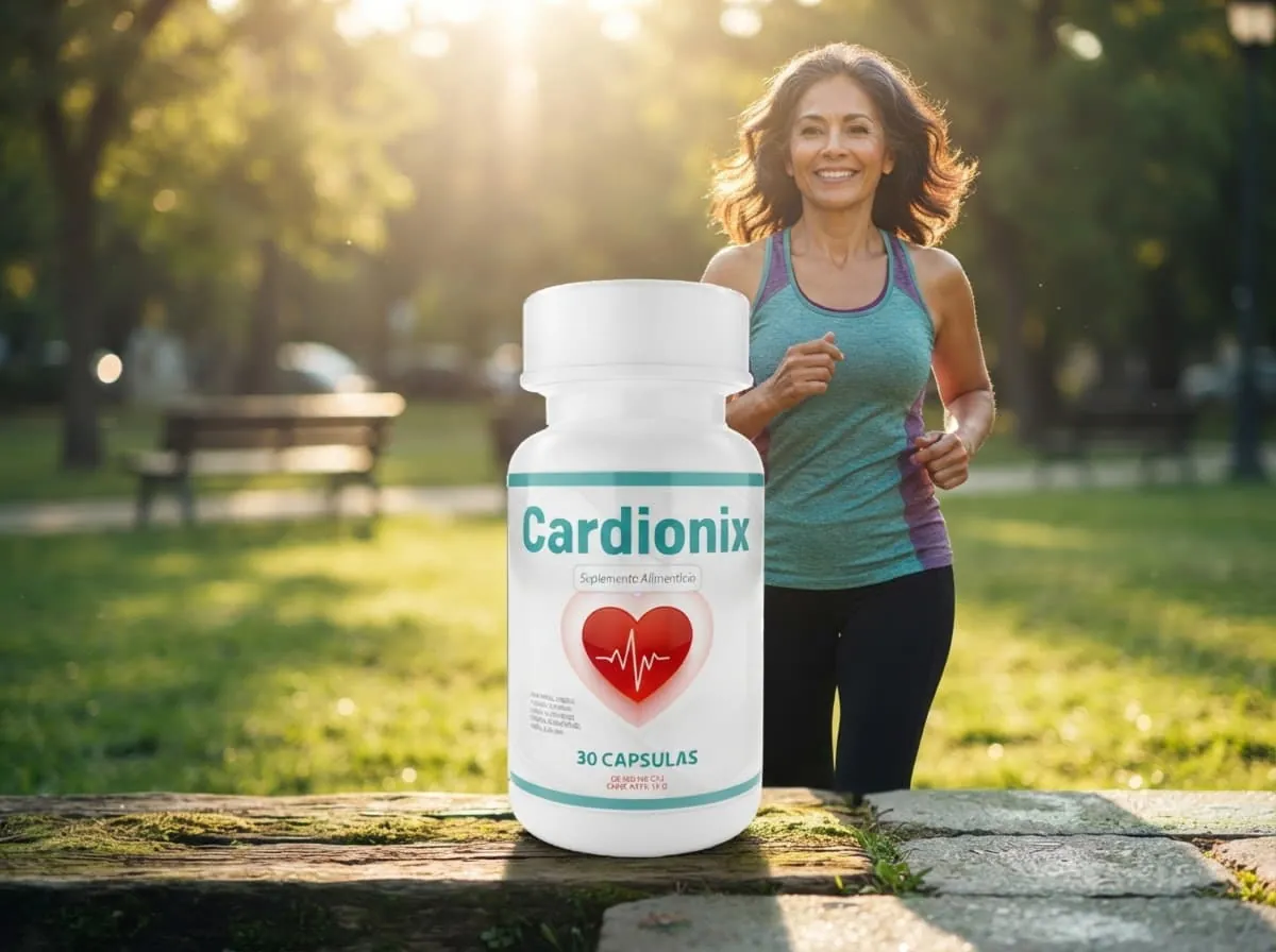 Actividad física al aire libre junto a un frasco de Cardionix